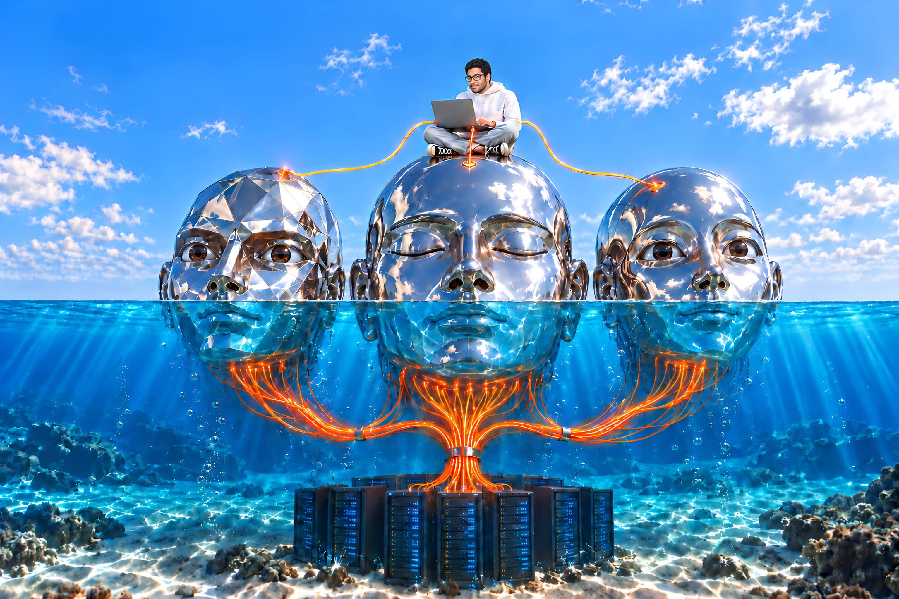 Three giant chrome heads rise out of a bright ocean. Vinay sits on the middle one with a laptop, and orange cables run from it to each head. Below the waterline the heads become glowing cables that join and run down to servers on the seabed.