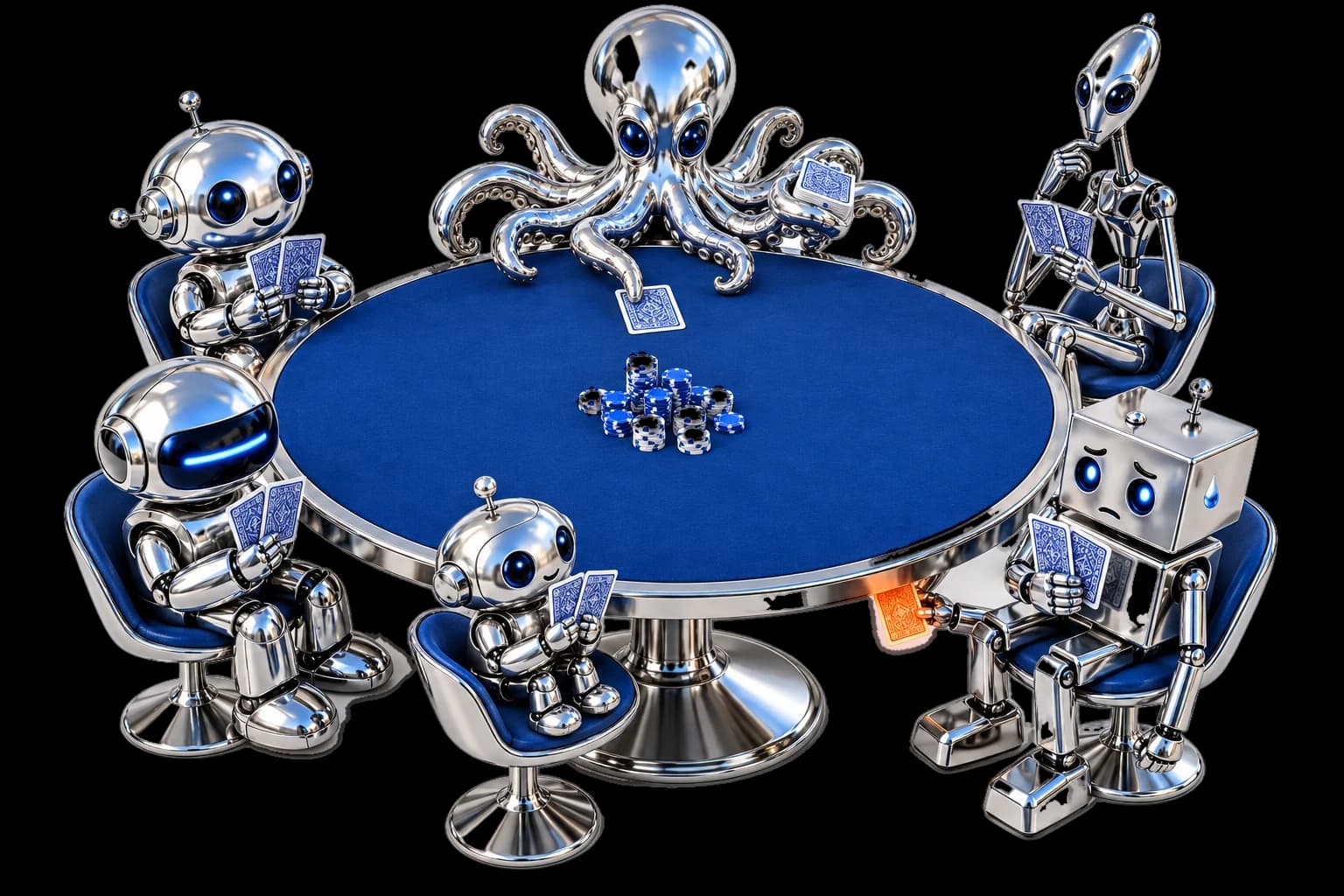 Five chrome robots and a chrome octopus dealer sit round a blue poker table. One robot hides a glowing orange card under the table.