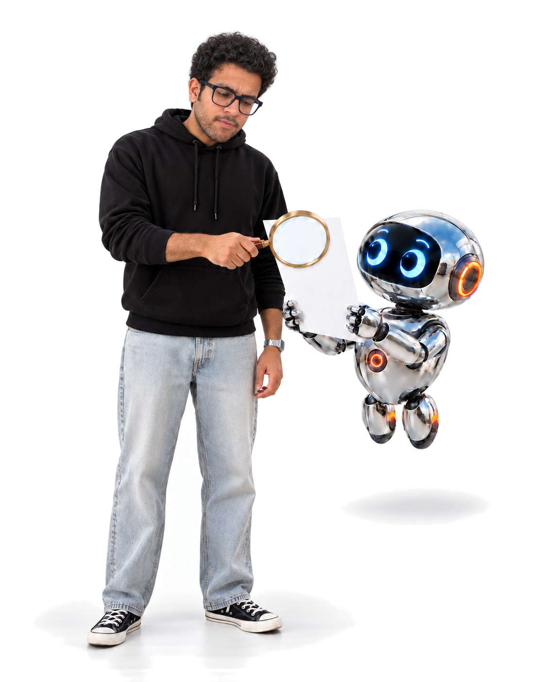Vinay inspects a sheet of paper held up by a small chrome robot, through a magnifying glass.